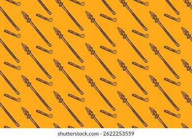Speer und Werfer Waffe doodle nahtlose Muster auf gelbem Hintergrund für die Jagd Waren. rustikale Speer Gravur Muster Hintergrund für Abenteuer. Retro Speer Schraffur Illustration Tapete