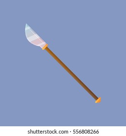 Spear vector illustration. Single decoration weapon for game on blue background. Medieval cartoon weapon for web design or mobile app. 