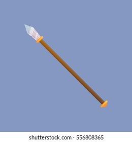 Spear vector illustration. Single decoration weapon for game on blue background. Medieval cartoon weapon for web design or mobile app. 