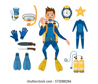 Spearfishing diving equipment vector set.