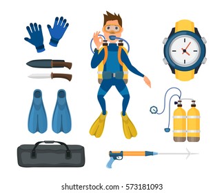 Spearfishing diving equipment vector set.