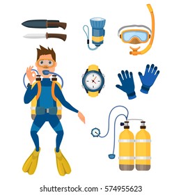 Spearfishing diving equipment vector set.