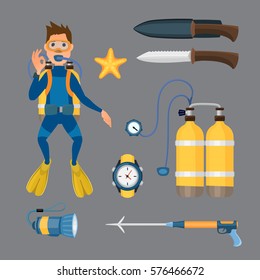 Spearfishing diving equipment vector set.