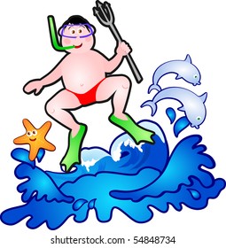 Spearfishing diving fish and surrounded by shells, vector