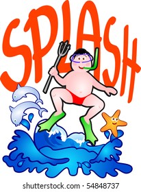 Spearfishing diving fish and surrounded by shells, vector