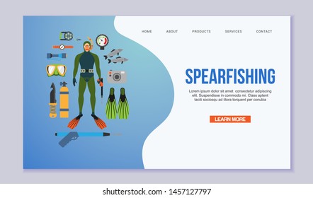 Spearfishing and diving vector illustration isolated on white. Scuba diver in a diving suit and fins, fish, spearfishing equipment. Swimming underwater web template.