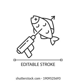 Icono lineal de pesca de punta. Pescado en lanza. Pesca en barco. Snorkel y pesca. Torneo de pesca. Ilustración personalizable de línea delgada. Símbolo de contorno. Dibujo de contorno aislado del vector. Trazo editable