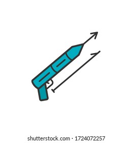 Flach-Symbol mit Speargun. Tauchausrüstung, Zubehör und Gleitrad-Linearzeichen. Rahmenfarbiges Vektorsymbol
