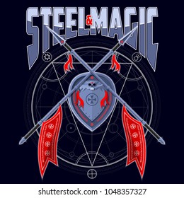 Spears and shield with runes on a dark magical background. Emblem with the symbols of the planets. Background, text and magic circle are located on separate layers and can be easily disabled.