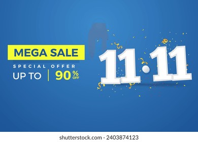 Special 11.11 Shopping day, Special offer, discount online sale banner, 11.11 sale banner with Blue BG, White Number, Special offer Flash Sale