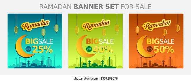 Special 3 Set Background for Ramadan Sale, web header or banner design with crescent moon and flat 50% off offers on mosque pattern background. - Vector