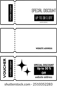 Sonderrabatt von 30%. drei Coupon-Design-Optionen. schwarz-weißes Farbmuster