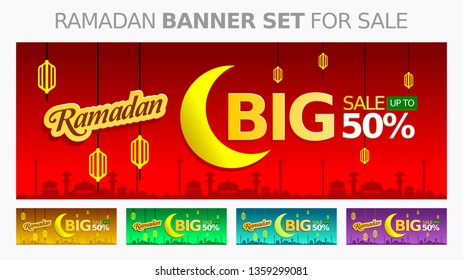 Special 5 Set Background for Ramadan Sale, web header or banner design with crescent moon and flat 50% off offers on mosque pattern background. - Vector