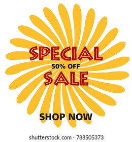 Special 50% off sale trendy discount label, promotional banner vintage on burst background 