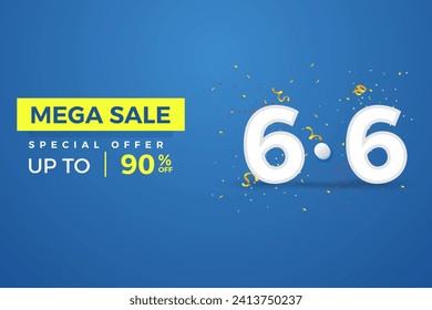 Especial 6.6 Día de compras, Oferta especial, banner de venta en línea con descuento, banner de venta 6.6 con Blue BG, White Number, Oferta especial de venta en flash