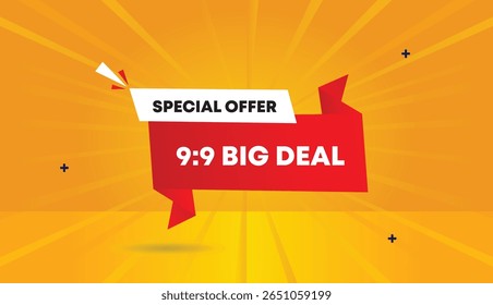 Special 9 to 9 big deal offer editable web banner vector art illustration label icon badge template design with red gradient white shapes orange yellow sun shine abstract background 4k quality