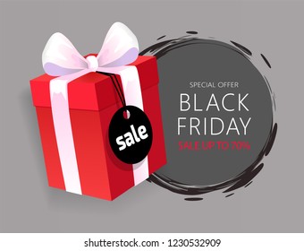 Special Advert On Black Friday, Wrapped Gift Box With Price Tag, November Total Sale Advertisement Vector. Present Package, Surprise, Shopping Concept