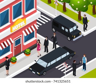 Special agent isometric composition with sexy woman walking towards hotel under safeguard for important mission vector illustration 