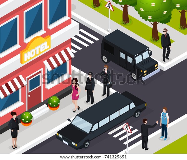 Special agent isometric composition with sexy woman\
walking towards hotel under safeguard for important mission vector\
illustration 