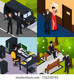 Special agent isometric concept with action in hotel, safeguard, spy on bench, professional equipment isolated vector illustration 