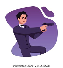 Un agente especial le da un tiro de vuelta a una pistola. Espionaje o agente secreto escapando de la persecución en misión, ilustración vectorial de caricatura plana aislada de fondo blanco.
