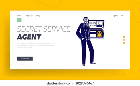Special Agent Show Id Landing Page Template. Male Character Wear Dark Formal Suit Holding Identity with Photo and Coat of Arms with Eagle. Intelligence Service, Spy, FBI. Linear Vector Illustration