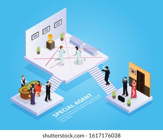 Special agent spy isometric composition with platforms stairs spy thriller elements and people with editable text vector illustration