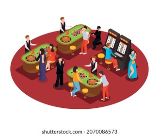 Special agent spy isometric composition with view of casino tables and machines with characters of players and operatives vector illustration