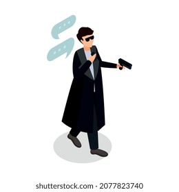Special agent spy isometric composition with isolated human character wearing black costume with gun and chat bubbles vector illustration