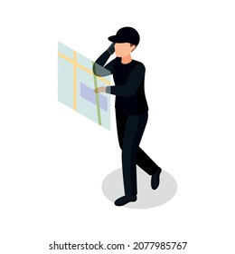 Special agent spy isometric composition with isolated human character in black costume checking hologaphic map vector illustration