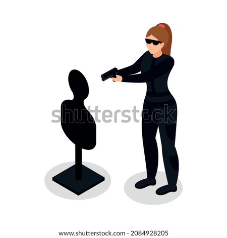 Special agent spy isometric composition with isolated human character of female agent with gun and dummy target vector illustration
