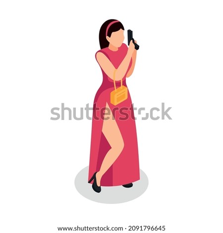 Special agent spy isometric composition with isolated human character of lady in dress with golden bag and pistol gun vector illustration