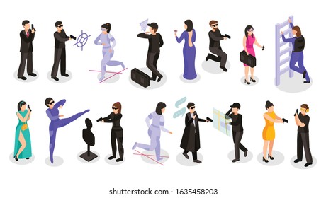 Special Agent Spy Isometric Recolor Set Of Isolated Male And Female Human Characters In Various Outfit Vector Illustration