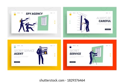 Special Agents Characters Spying Landing Page Template Set. People Spraying Poison on Door Handle, Use Technics and Equipment for Secret Surveillance. Fbi Service, Spy Job. Linear Vector Illustration