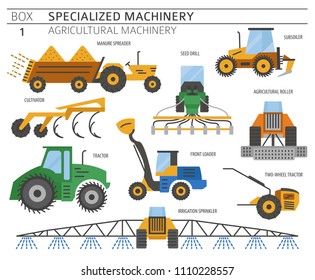 Special agricultural machinery colored vector icon set isolated on white. Illustration