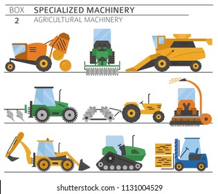 Special agricultural machinery colored vector icon set isolated on white. Illustration