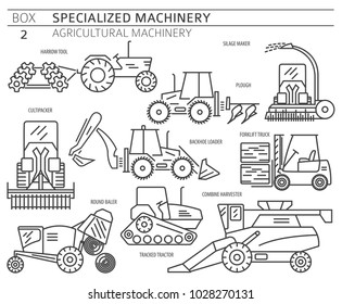 Special agricultural machinery linear vector icon set isolated on white. Illustration