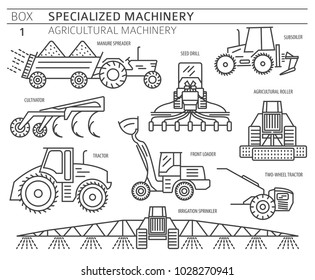 Special agricultural machinery linear vector icon set isolated on white. Illustration