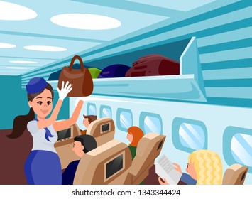 Special Aircraft Attendants Flat Illustration. Vector on Cabin Background. Smiling Stewardess Puts Passenger Bag on Special Top Shelf. Concern for Peoples Comfort in Business Class.