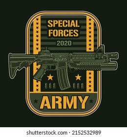 Parche de estilo vintage de elementos coloridos de las fuerzas del ejército para soldados militares con carabina M4 con lanzagranadas ilustración vectorial
