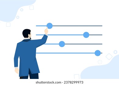 Special arrangement concept. Businessman moves different sliders. Guy adjusts various parameters. User customization settings. System adjustment, control panel. Change color. Flat vector illustration.