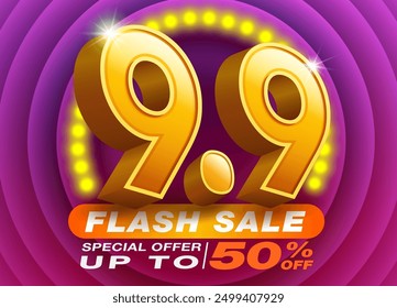 Special August Sale with 9.9 Promotion Big Sale 50% Off Behind LED Light and Number 9 Advertisement for Web, Social Media and Online Shopping. Vector illustration file.