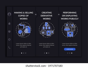 Special author rights onboarding vector template. Responsive mobile website with icons. Web page walkthrough 3 step screens. Displaying works publicly night mode concept with linear illustrations