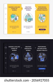 Special author rights onboarding vector template. Responsive mobile website with icons. Web page walkthrough 3 step screens. Selling works copies night and day mode concept with linear illustrations