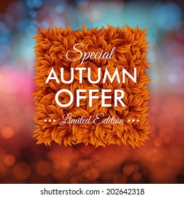 Special autumn offer advertisement poster. Blurred background with bokeh effect. Square shape made of leaves. Vector illustration.