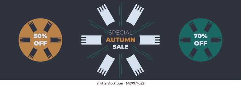 Special autumn sale banner with abstract shapes and green floral elements on dark background. Geometric hipster tribal stylish elements. Design for eco, organic, natural products.