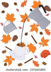Special autumn themed cup of coffee in motion with coffee and milk pots surrounded with orange color leaves vector illustration