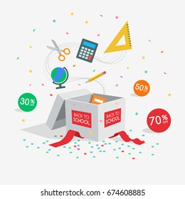 Special back to school offer sale discount symbol with open gift and flow goods isolated on light background. Easy to use for your design with transparent shadows.