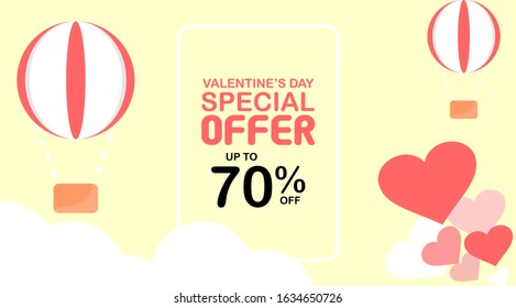 Special background offer up to 70% on Valentine's Day cream colored with love ornaments, blimps, clouds and broken strings. vector illustration