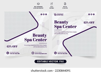 Special beauty treatment social media post design with navy blue colors. Spa and beauty salon poster vector with photo placeholders. Spa center advertisement web banner template for marketing.
